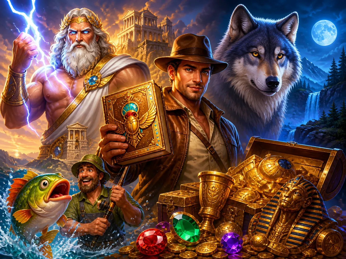 Artistic slot game scene with fantasy creatures and vibrant environment.